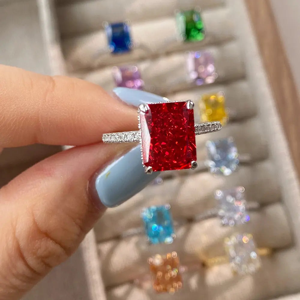 Lyra Ice Radiant Ring – Sterling Silver 8x10mm Radiant Cut Ice Flower Color Gemstone Anniversary Ring