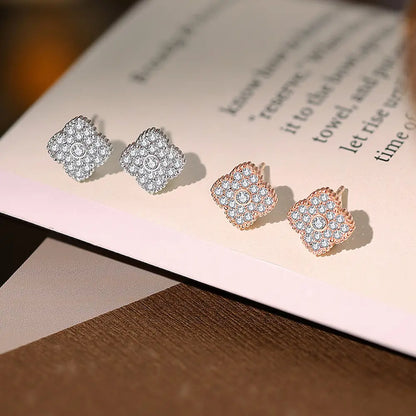 Original Lumina Clover Earrings-Sterling Silver Full Pavé Four-Leaf Studs，Everyday Sparkle Lucky Charm