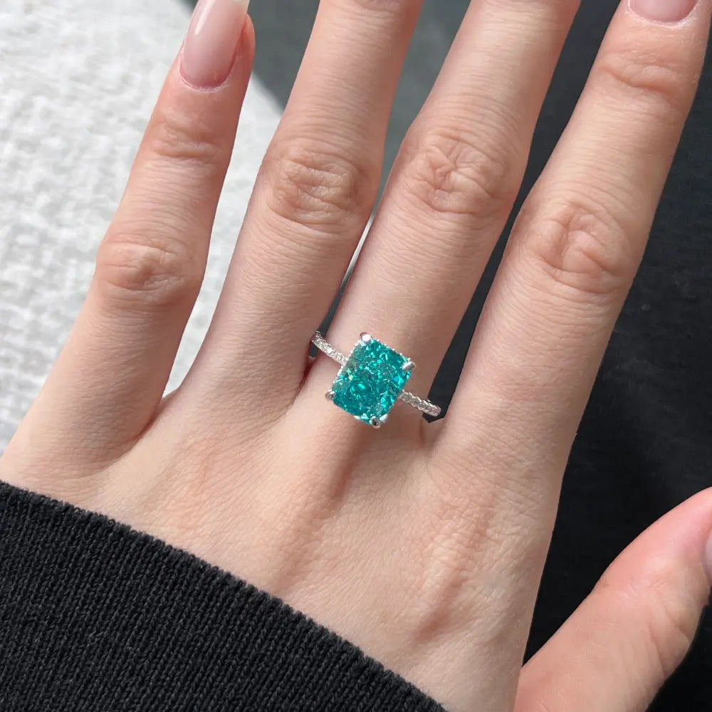 Lyra Ice Radiant Ring – Sterling Silver 8x10mm Radiant Cut Ice Flower Color Gemstone Anniversary Ring