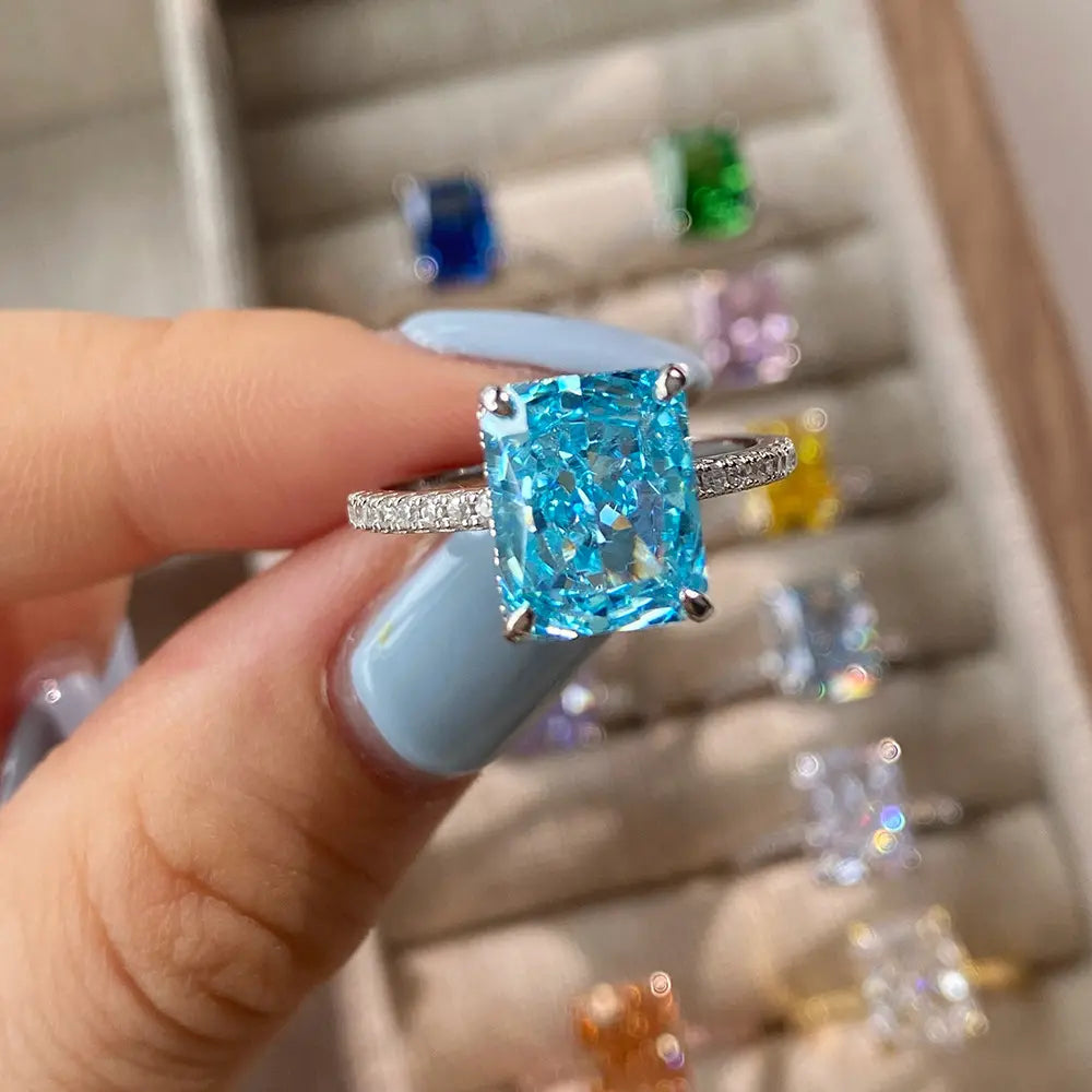 Lyra Ice Radiant Ring – Sterling Silver 8x10mm Radiant Cut Ice Flower Color Gemstone Anniversary Ring
