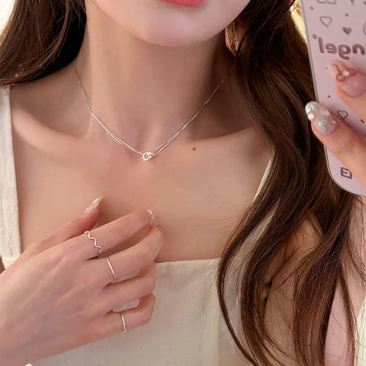 Entwined Necklace-Sterling Silver Double Chain with Interlocking Rings, Symbol of Connection