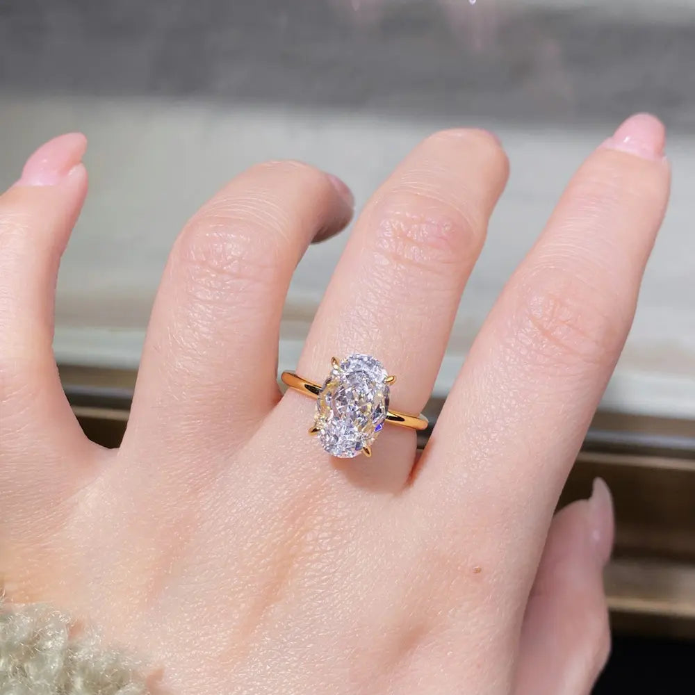 Gilded Frost Ring – Sterling Silver 18K Gold Plated 8×12mm Ice Cut Simulated Diamond Engagement Wedding Ring