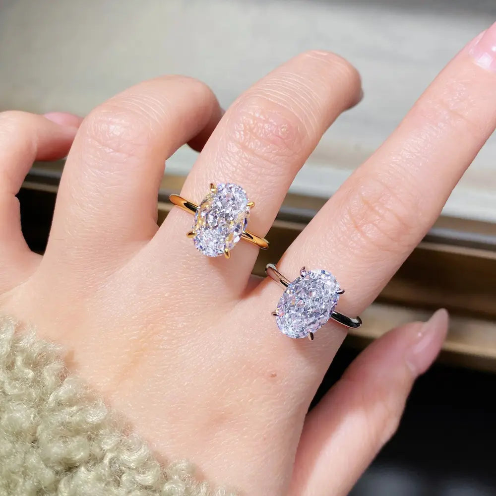 Gilded Frost Ring – Sterling Silver 18K Gold Plated 8×12mm Ice Cut Simulated Diamond Engagement Wedding Ring