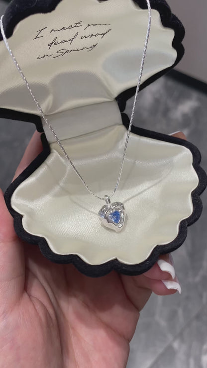 Deepsea Heart Necklace-Sterling Silver Blue Textured Heart Pendant with Center Blue Diamond Simulant，Irregular Design