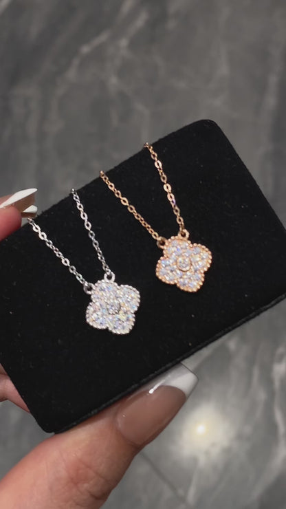 Original Lumina Clover Necklace-Sterling Silver Full Pavé Four-Leaf Pendant，Everyday Sparkle Lucky Charm